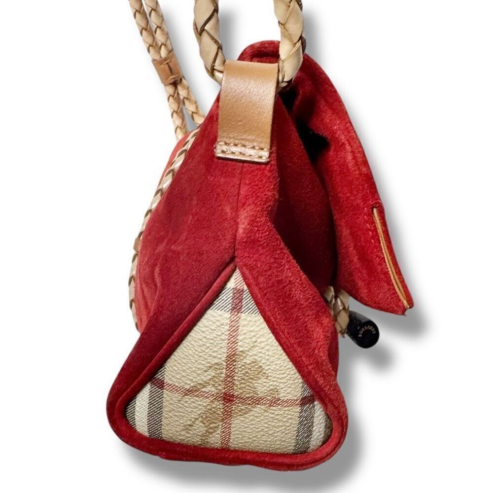 BURBERRY Suede Haymarket Check Horn Toggle Braided Leather Shoulder Bag Red - Picture 8 of 14